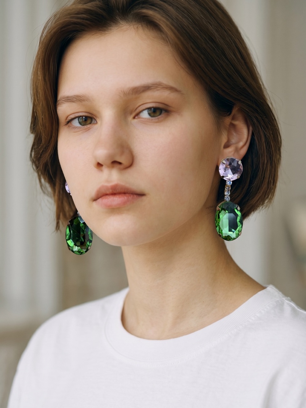 Gold-Tone Drop Earrings with Green and Pink Crystals